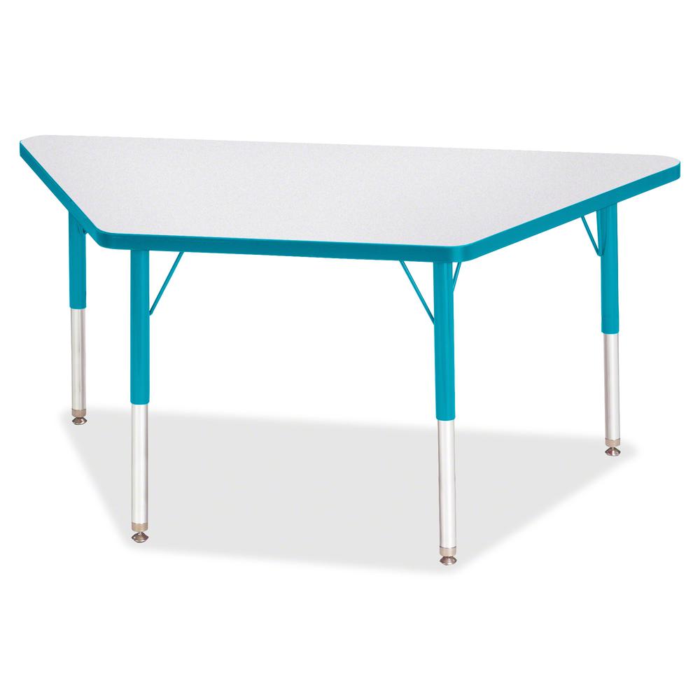 Jonti-Craft Berries Elementary Height Prism Edge Trapezoid Table - Laminated Trapezoid, Teal Top - Four Leg Base - 4 Legs - Adjustable Height - 15" to 24" Adjustment - 48" Table Top Length x 24" Table. Picture 3