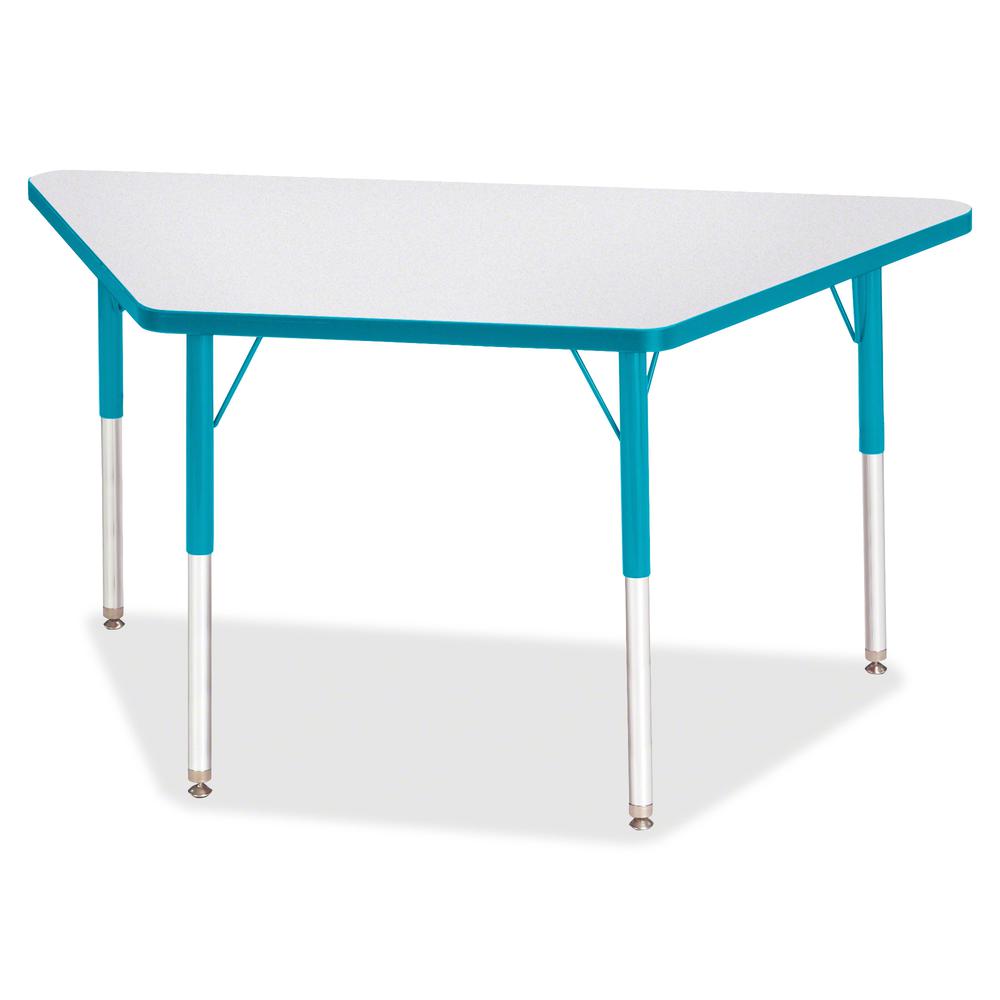 Jonti-Craft Berries Adult-Size Gray Laminate Trapezoid Table - Laminated Trapezoid, Teal Top - Four Leg Base - 4 Legs - Adjustable Height - 24" to 31" Adjustment - 48" Table Top Length x 24" Table Top. Picture 3