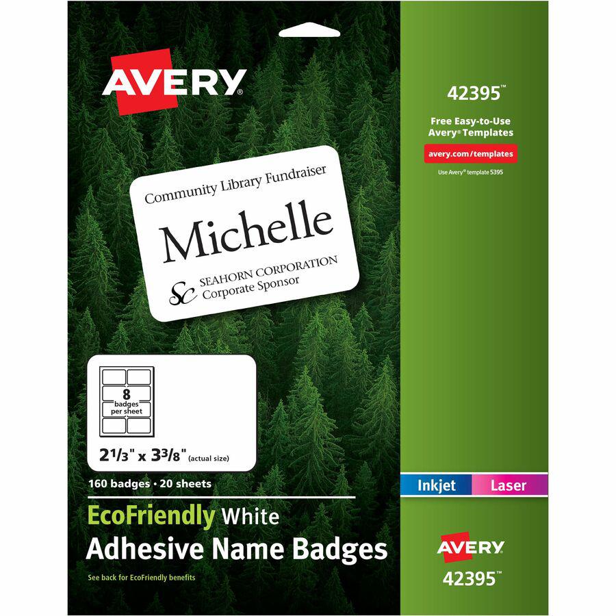 Avery&reg; Eco-friendly Premium Name Badge Labels - 2 21/64" Width x 3 3/8" Length - Removable Adhesive - Rectangle - Laser, Inkjet - White - Paper - 8 / Sheet - 20 Total Sheets - 160 Total Label(s) -. Picture 11