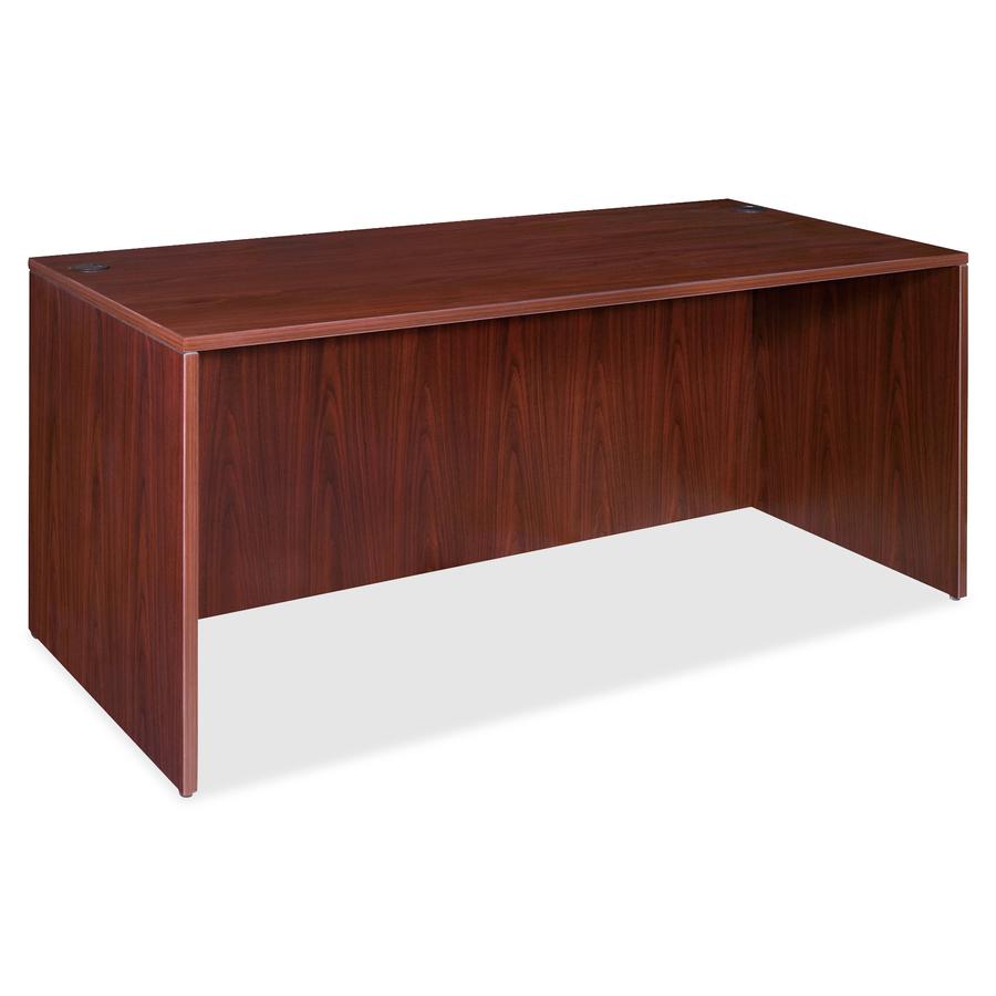 Lorell Essentials Series Rectangular Desk Shell - 59" x 29.5" x 1" x 29.5" - Finish: Laminate, Mahogany - Grommet, Modesty Panel, Durable, Adjustable Feet. Picture 6