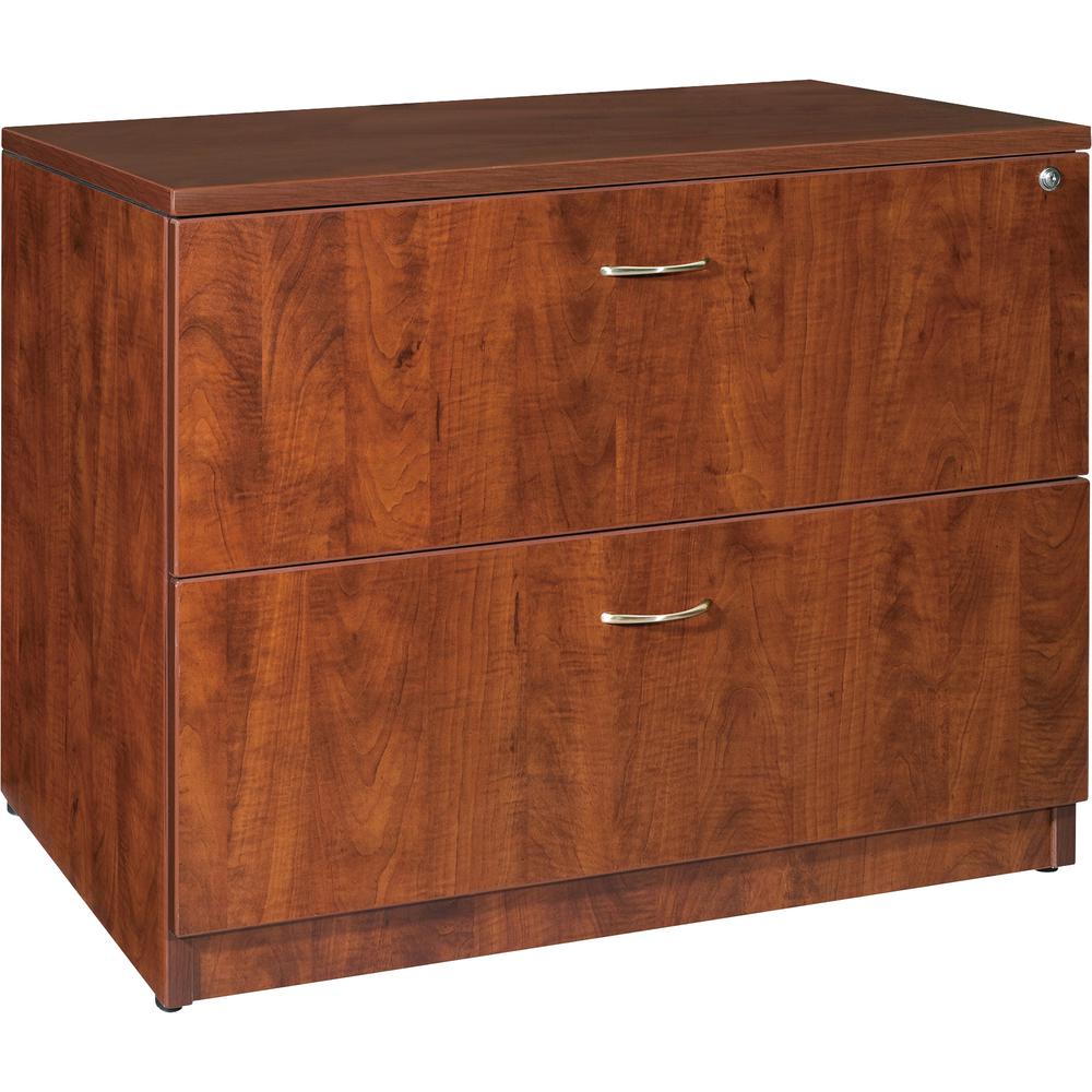 Lorell Essentials Series Lateral File - 29.5" Height x 35.5" Width x 22" Depth - Finish: Cherry, Laminate - Leveling Glide, Lockable Drawer - 1 Each. Picture 3