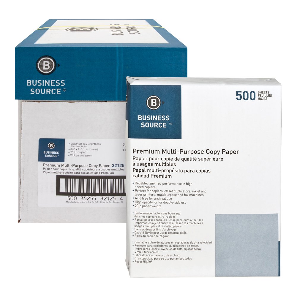 Business Source Premium Multipurpose Copy Paper - White - 92 Brightness - Letter - 8 1/2" x 11" - 20 lb Basis Weight - Acid-free - White - 2500 Sheets - 500 Sheets per Ream - 5 / Carton. Picture 8