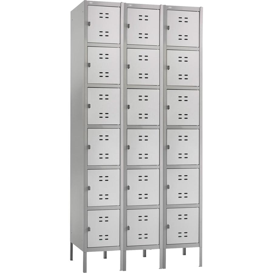 Safco Six-Tier Two-tone 3 Column Locker with Legs - 36" Width x 18" Depth x 78" Height - 3 x Shelf(ves) - Recessed Locking Handle - Gray - Steel. Picture 2