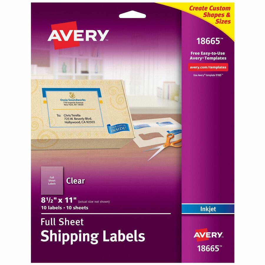 Avery&reg; Shipping Label - 8 1/2" Width x 11" Length - Permanent Adhesive - Rectangle - Inkjet - Matte Clear - Matte - Film - 1 / Sheet - 1 Total Sheets - 10 Total Label(s) - 10 / Pack. Picture 3