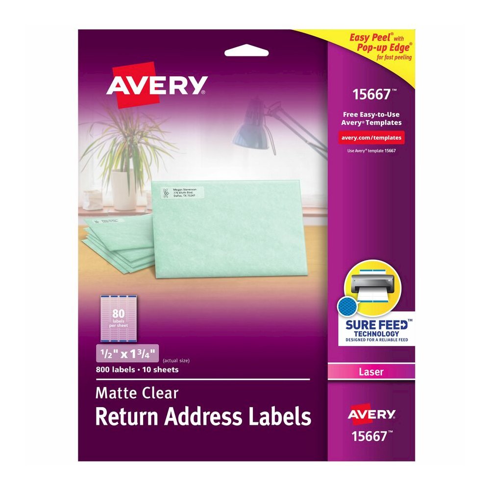 Avery&reg; Easy Peel Return Address Labels - 1/2" Width x 1 3/4" Length - Permanent Adhesive - Rectangle - Laser - Matte - Clear - Film - 80 / Sheet - 10 Total Sheets - 800 Total Label(s) - 800 / Pack. Picture 4