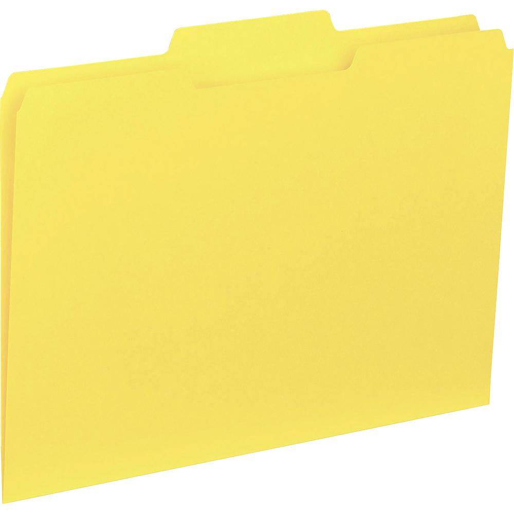 Business Source 1/3 Tab Cut Letter Recycled Top Tab File Folder - 8 1/2" x 11" - Top Tab Location - Assorted Tab Position - 11 pt. - 1 Plys - Yellow - 10% Recycled - 100 / Box. Picture 2