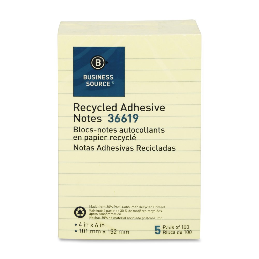 Business Source Yellow Adhesive Notes - 4" Flag/Note Width x 6" Flag/Note Length - Rectangle - Ruled - Yellow - Self-adhesive, Removable - Recycled - 5 / Pack. Picture 8
