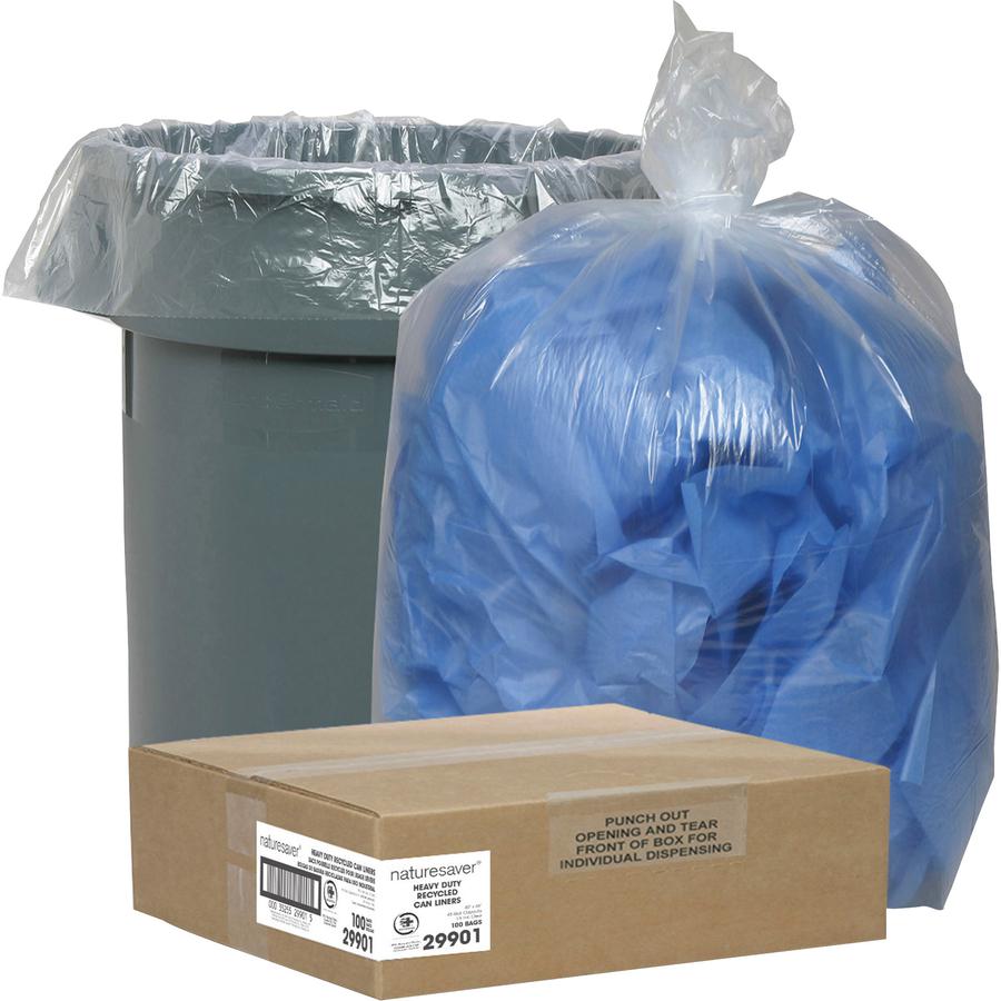 Nature Saver Recycled Trash Can Liners - Large Size - 45 gal Capacity - 46" Length x 40" Width x 1.50 mil (38 Micron) Thickness - Low Density - Clear - Pilferage Control - Recycled - 100 / Carton. Picture 2