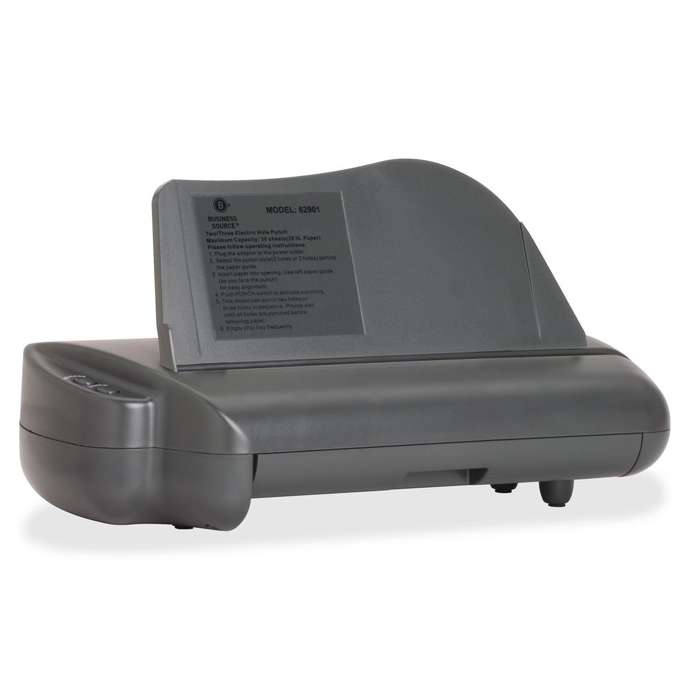 Business Source Electric Adjustable 3-hole Punch - 3 Punch Head(s) - 30 Sheet of 20lb Paper - 1/4" Punch Size - 17.8" Width x 5.3" Depth x 8.3" Height - Gray. Picture 3