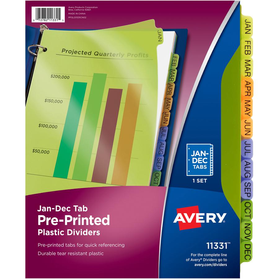 Avery&reg; Preprinted Monthly Tabs Plastic Dividers - 12 x Divider(s) - Jan-Dec - 12 Tab(s)/Set - 8.5" Divider Width x 11" Divider Length - 3 Hole Punched - Multicolor Plastic Divider - Multicolor Pla. Picture 3