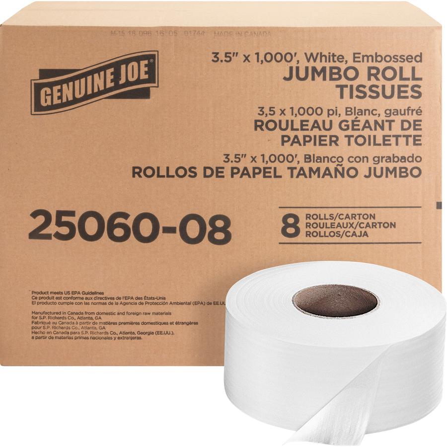 Genuine Joe Jumbo Dispenser Roll Bath Tissue - 2 Ply - 3.50" Width x 1000 ft Length - 9" Roll Diameter - 3 19/64" Core - White - 8 / Carton. Picture 10