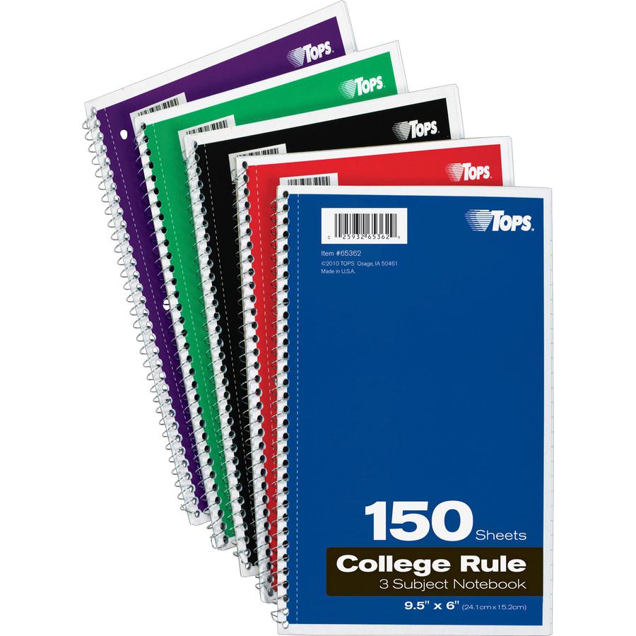 TOPS 3-subject College Ruled Notebook - 150 Sheets - Wire Bound - 9 1/2" x 6" - 13" x 7.5" x 9.8" - Bright White Paper - Black, Red, Blue, Green, Purple Cover - Divider, Perforated - 1 Each. Picture 4