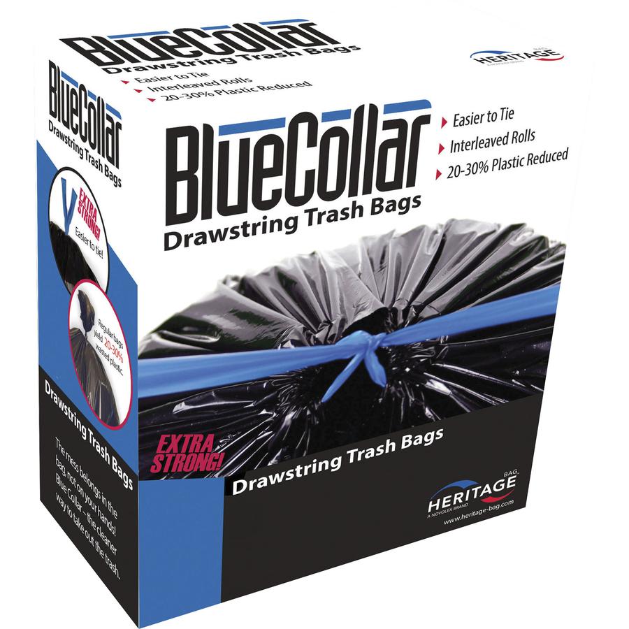 BlueCollar 30-gallon Drawstring Trash Bags - 30 gal Capacity - 34" Length x 30" Width x 1 mil (25 Micron) Thickness - Drawstring Closure - Black - Garbage - 40 / Box. Picture 2