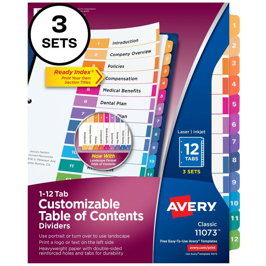 Avery&reg; Ready Index Custom TOC Binder Dividers - 36 x Divider(s) - 1-12 - 12 Tab(s)/Set - 8.5" Divider Width x 11" Divider Length - 3 Hole Punched - White Paper Divider - Multicolor Paper Tab(s) - . Picture 4