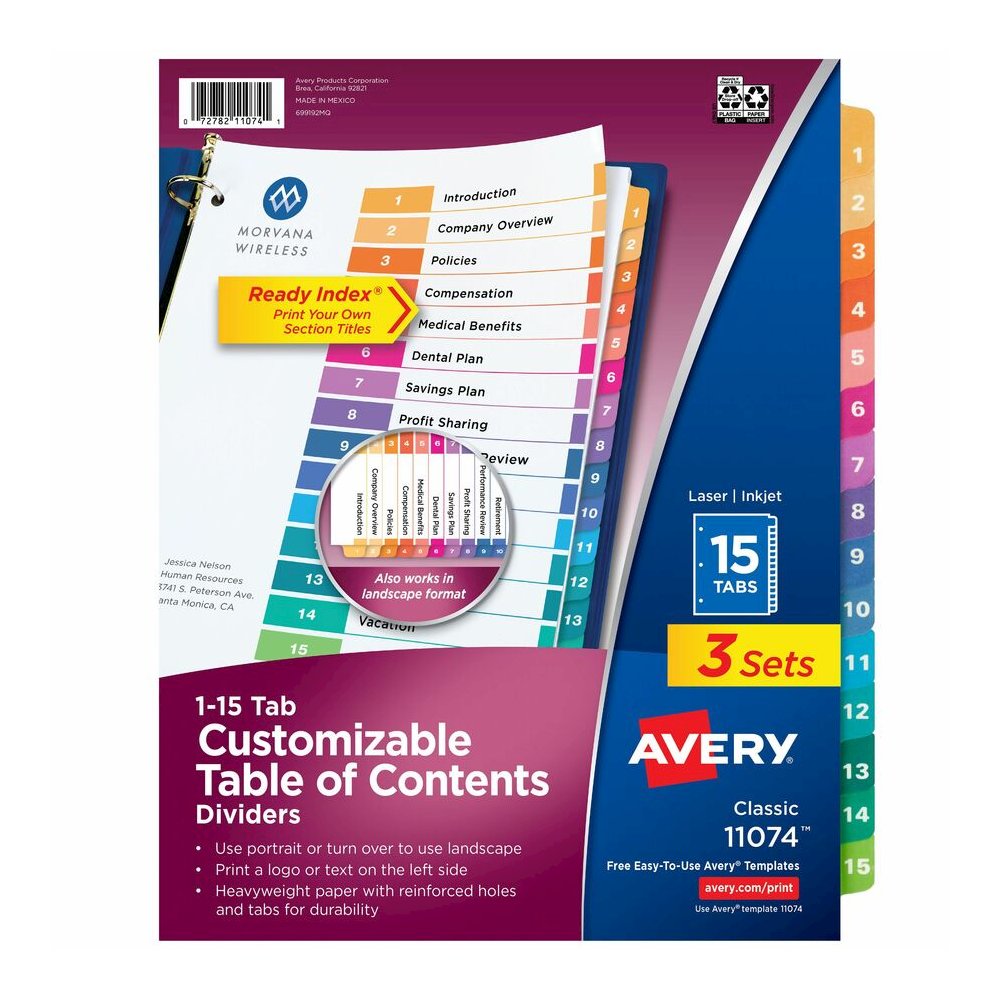 Avery Dividers, 15 Tabs, Ready Index, (3 Sets of 11074) - 45 x Divider(s) - 45 Tab(s) - Digit - 1-15 - 15 Tab(s)/Set - 8.5" Divider Width x 11" Divider Length - 3 Hole Punched - White Paper Divider - . Picture 6