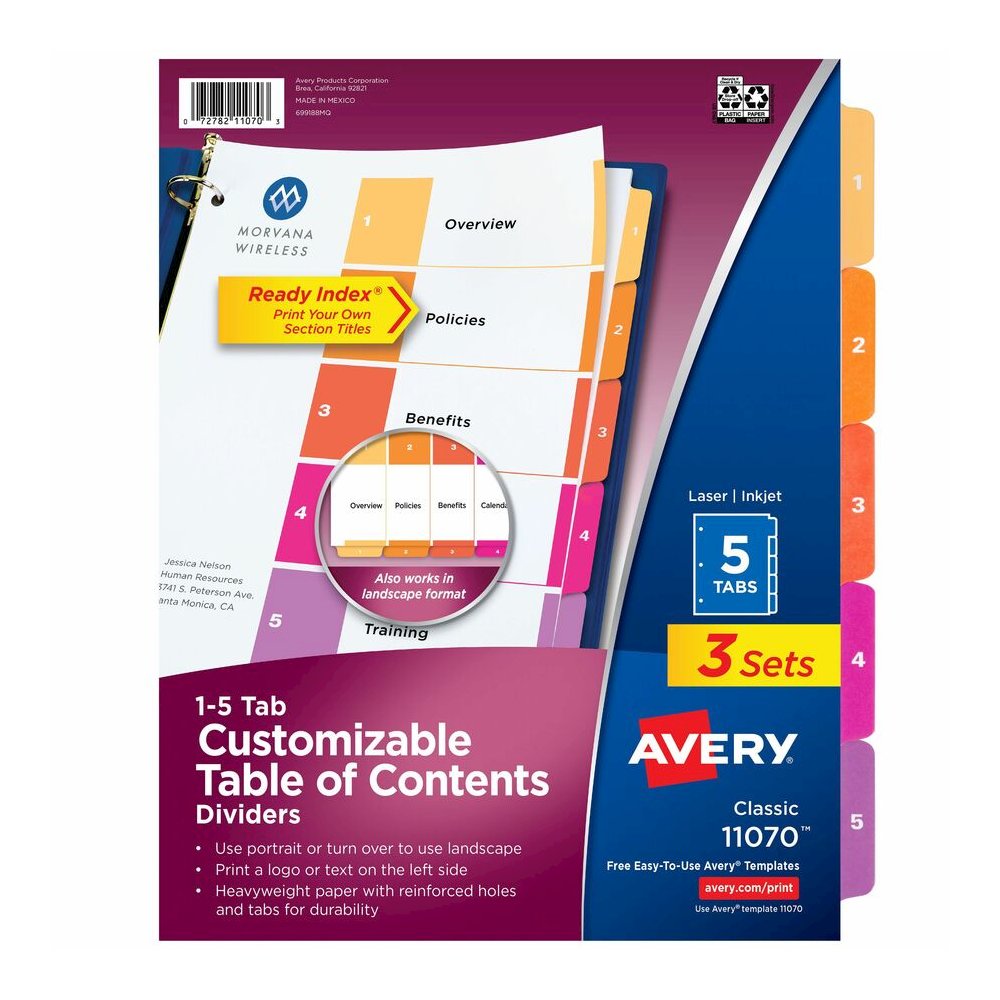 Avery Dividers, 5 Tabs, Ready Index (3 Sets of 11070) - 15 x Divider(s) - 15 Tab(s) - Digit - 1-5 - 5 Tab(s)/Set - 8.5" Divider Width x 11" Divider Length - 3 Hole Punched - White Paper Divider - Mult. Picture 4