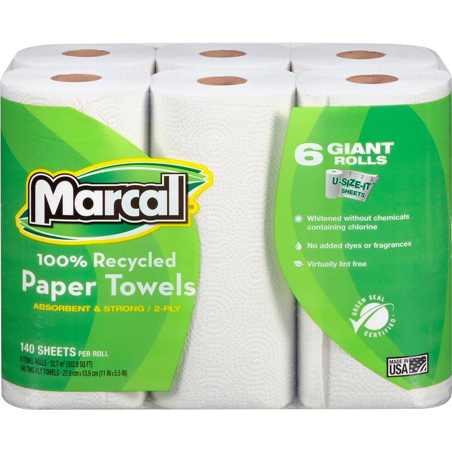 Marcal 100% Recycled Giant Roll Paper Towels - 2 Ply - 140 Sheets/Roll - White - 6 Rolls Per Container - 6 / Pack. Picture 3
