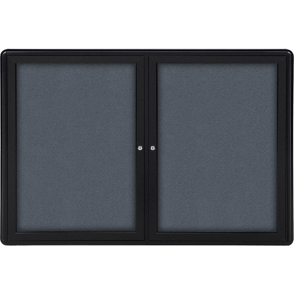 Ghent 2-door Ovation Enclosed Fabric Tackboard - 34" Height x 47" Width - Gray Fabric Surface - Shatter Resistant, Locking Door, Mounting System - Black Aluminum Frame - 1 Each. Picture 2