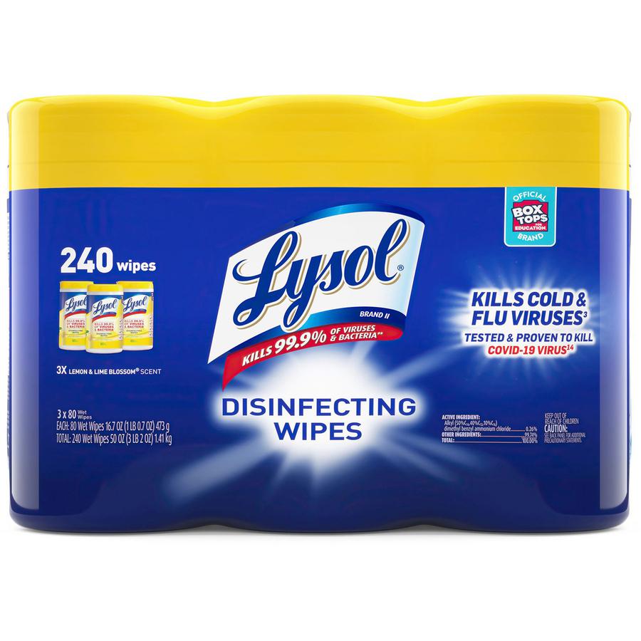 Lysol Lemon/Lime Disinfecting Wipes - For Multi Surface, Multipurpose - Lemon, Lime Blossom Scent - 80 / Canister - 3 / Pack - Pre-moistened, Deodorize, Disinfectant, Anti-bacterial - White. Picture 7