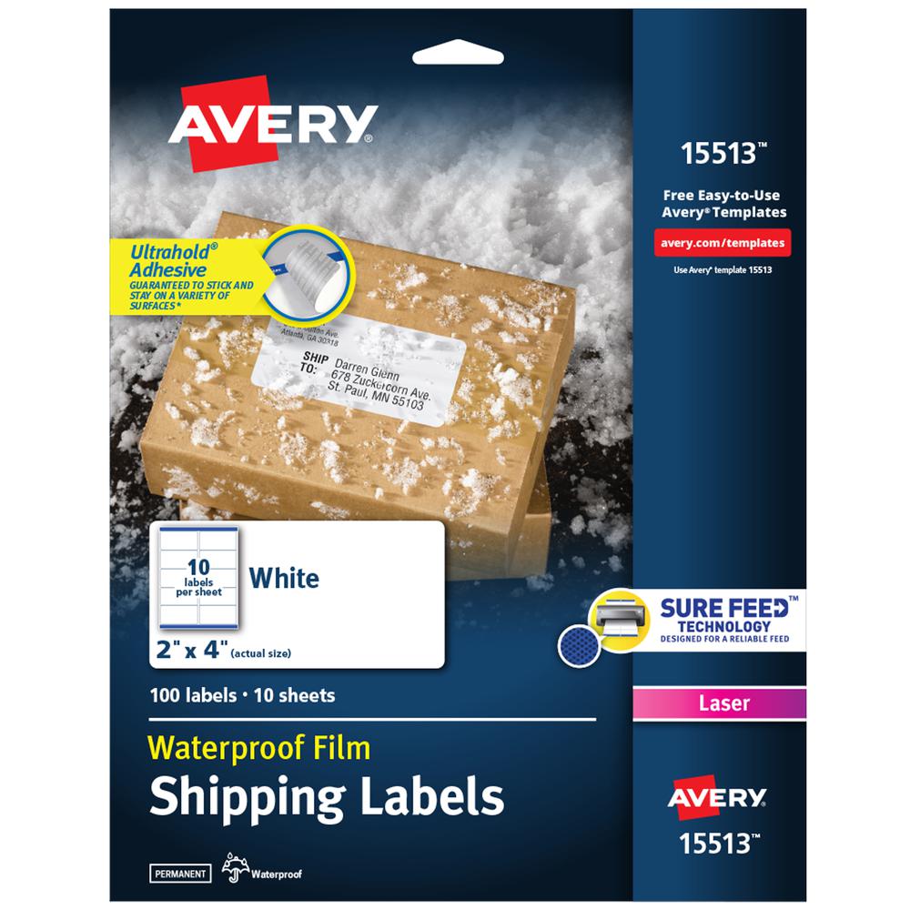 Avery&reg; 2" x 4" Labels, Ultrahold, 100 Labels (15513) - Waterproof - 2" Width x 4" Length - Permanent Adhesive - Rectangle - Laser - Matte - White - Film - 10 / Sheet - 10 Total Sheets - 100 Total . Picture 2