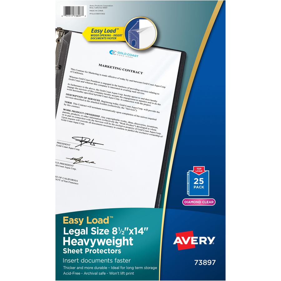 Avery&reg; Diamond Clear Sheet Protectors - 1 x Sheet Capacity - For Legal 8 1/2" x 14" Sheet - 3 x Holes - 3 x Rings - Ring Binder - Top Loading - Rectangular - Clear - Polypropylene - 25 / Pack. Picture 2
