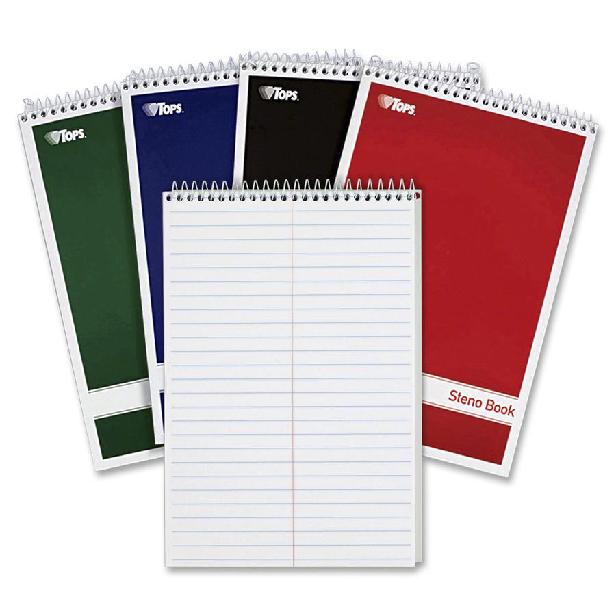TOPS Gregg-ruled Steno Book - 80 Sheets - Wire Bound - 15 lb Basis Weight - 6" x 9" - 1.25" x 9" x 6" - White Paper - Red, Green, Black, Blue Cover - Durable Cover, Rigid, Chipboard Backing, Acid-free. Picture 3