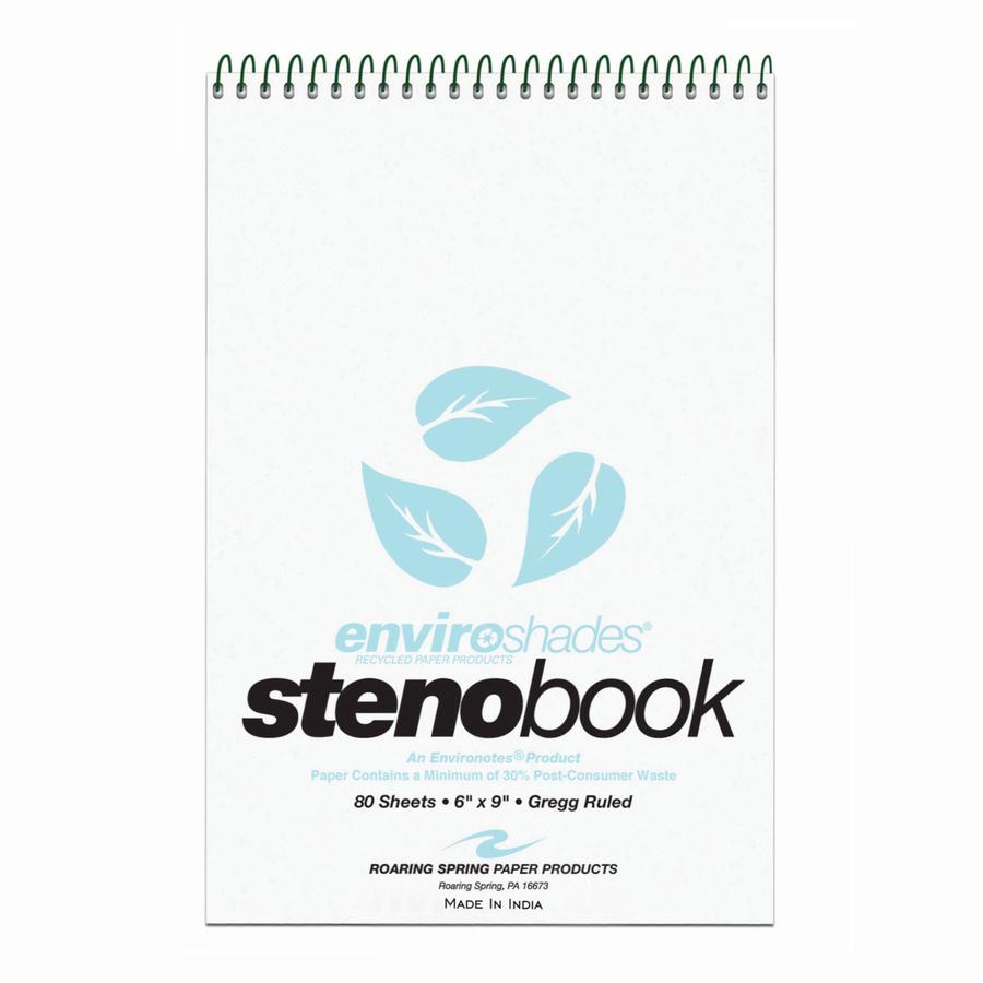 Roaring Spring Enviroshades Recycled Spiral Steno Memo Book - 80 Sheets - 160 Pages - Printed - Spiral Bound - Both Side Ruling Surface - Gregg Ruled Red Margin - 15 lb Basis Weight - 56 g/m² Gra. Picture 2