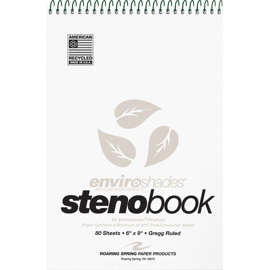 Roaring Spring Enviroshades Recycled Spiral Steno Memo Book - 80 Sheets - 160 Pages - Printed - Spiral Bound - Both Side Ruling Surface - Gregg Ruled Red Margin - 15 lb Basis Weight - 56 g/m² Gra. Picture 2