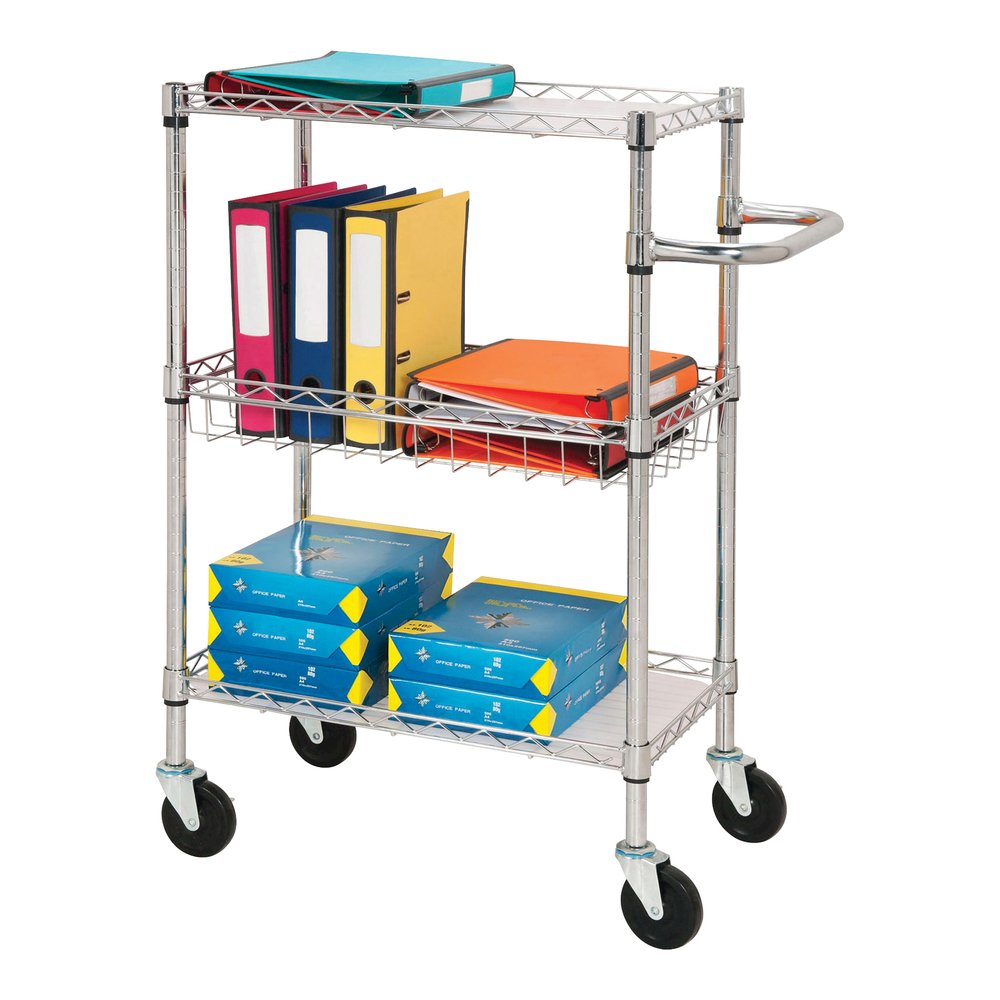 Lorell 3-Tier Rolling Cart - 99 lb Load Capacity - 4 Casters - Steel - 16" Width x 26" Depth x 40" Height - Chrome - 1 Each. Picture 4