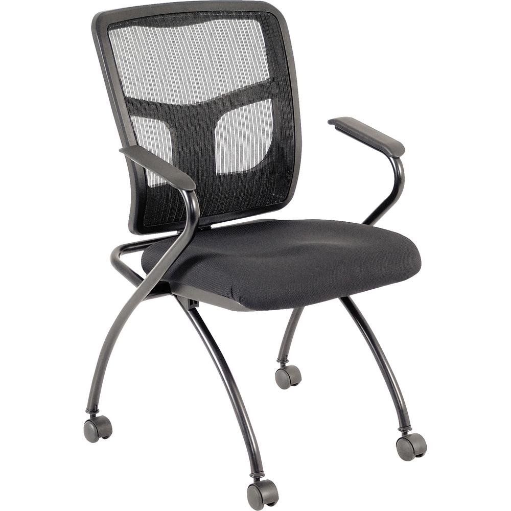 Lorell Mesh Back Nesting Training/Guest Chairs - Fabric Seat Material - Powder Coated Frame Color - Metal Frame Material - Four-legged Base - Black - Mesh - Armrest - 2 / Carton. Picture 3