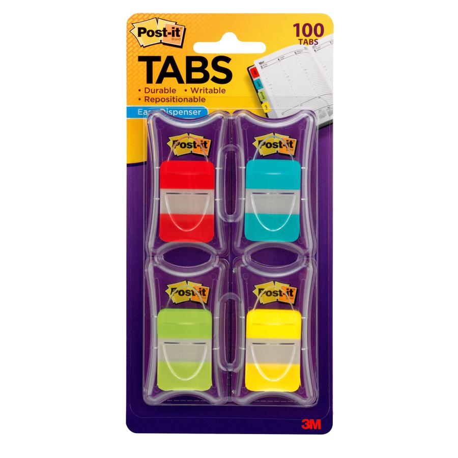 Post-it&reg; Tabs - 100 Write-on Tab(s) - 1" Tab Height x 1.50" Tab Width - Red, Blue, Green, Yellow Tab(s) - Tear Resistant, Wear Resistant, Repositionable, Durable - 100 / Pack. Picture 2