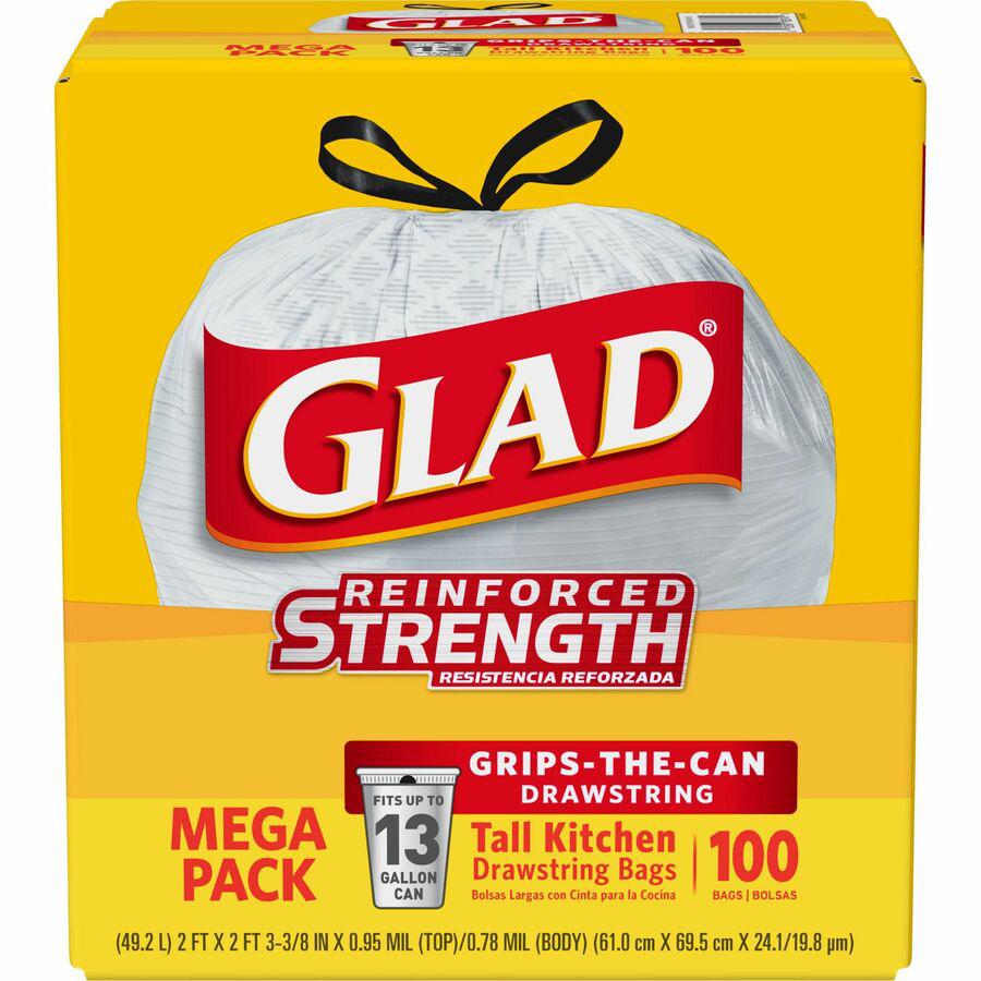 Glad ForceFlex Tall Kitchen Drawstring Trash Bags - 13 gal Capacity - 24" Width x 27" Length - 9 mil (229 Micron) Thickness - Drawstring Closure - White - Plastic - 100/Box - Kitchen, Office, Day Care. Picture 15