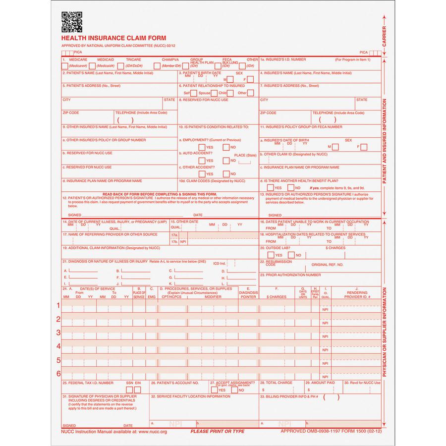 TOPS CMS-1500 Laser Printer Forms - 20 lb - 1 Part - 8.50" x 11" Form Size - White - Red Print Color - Paper - 500 / Pack. Picture 2