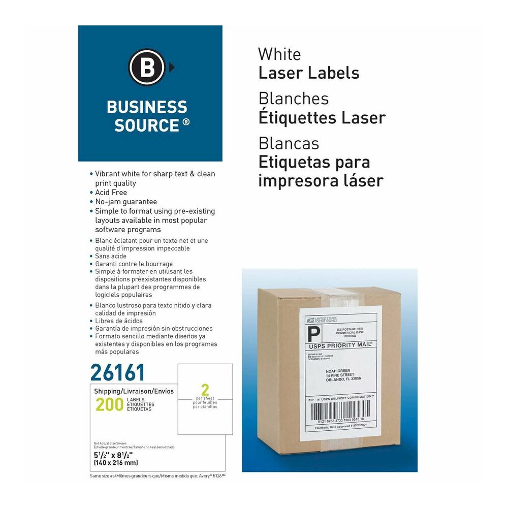 Business Source Shipping Labels - 5 1/2" Width x 8 1/2" Length - Permanent Adhesive - Rectangle - Laser, Inkjet - White - 2 / Sheet - 100 Total Sheets - 1 Box. Picture 4