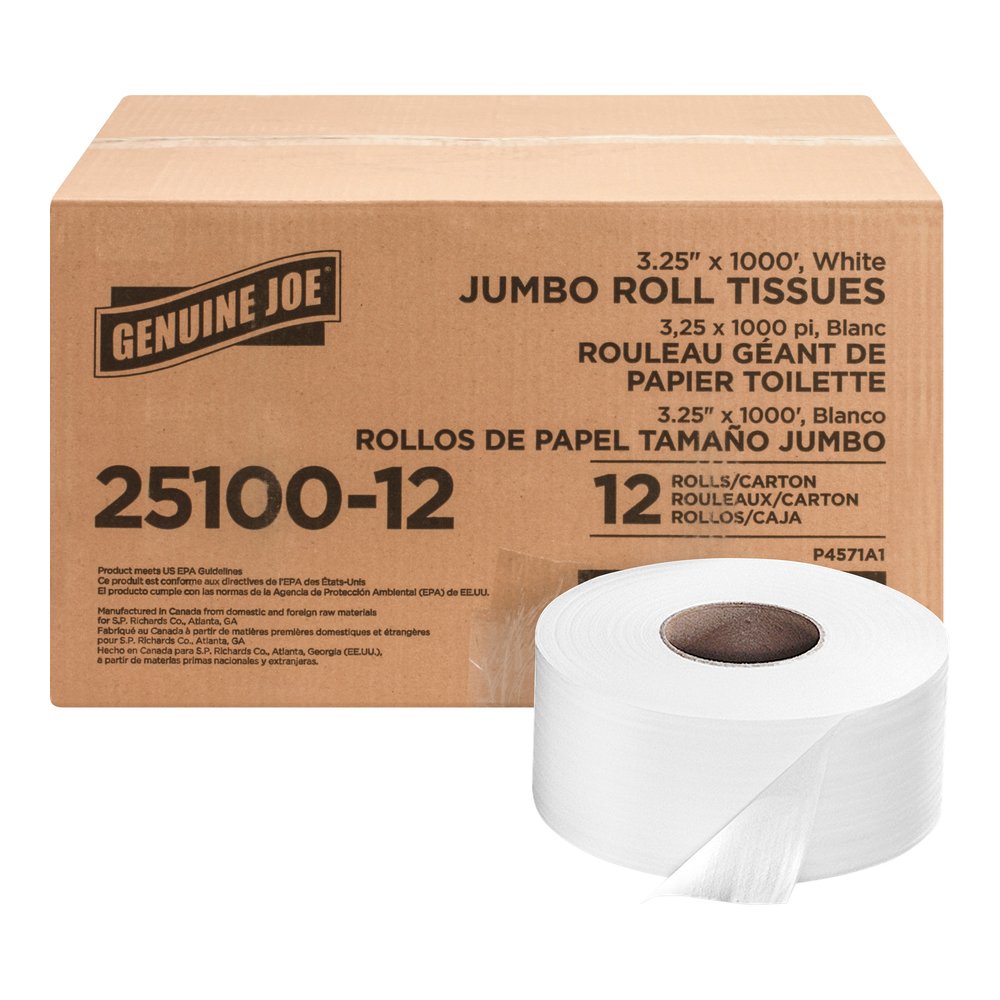 Genuine Joe Jumbo Roll Bath Tissues - 2 Ply - 3.25" Width x 1000 ft Length - 9" Roll Diameter - 3 19/64" Core - White - 12 / Carton. Picture 6