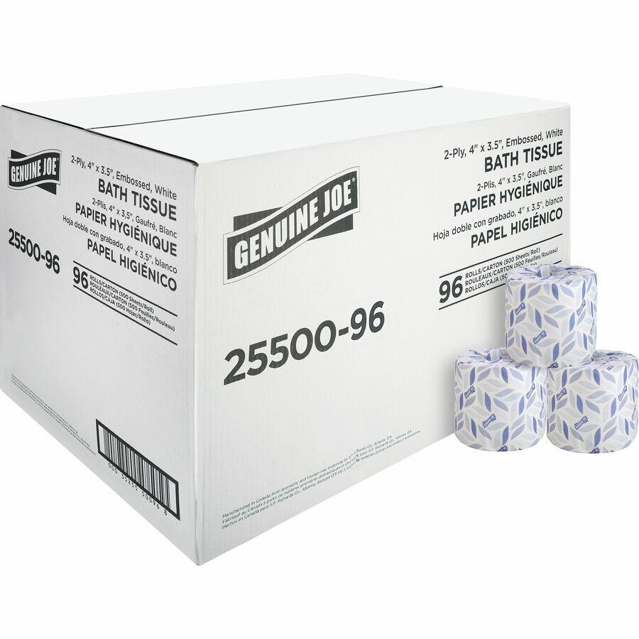 Genuine Joe 2-ply Standard Bath Tissue Rolls - 2 Ply - 4" x 3.20" - 500 Sheets/Roll - 1.63" Core - White - 96 / Carton. Picture 8