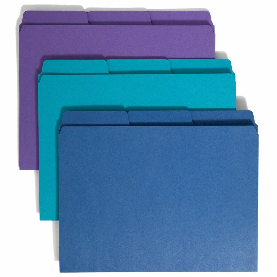 Smead SuperTab 1/3 Tab Cut Letter Recycled Top Tab File Folder - 8 1/2" x 11" - 3/4" Expansion - Top Tab Location - Assorted Position Tab Position - 2 Divider(s) - Teal, Purple, Navy - 10% Recycled - . Picture 9