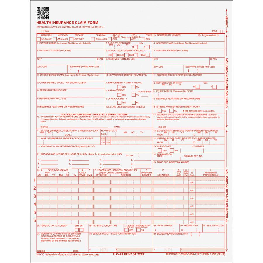 TOPS CMS-15000 Health Insurance Claim Forms - 20 lb - 11" x 8.50" Sheet Size - White Sheet(s) - Red Print Color - 1 Pack. Picture 2
