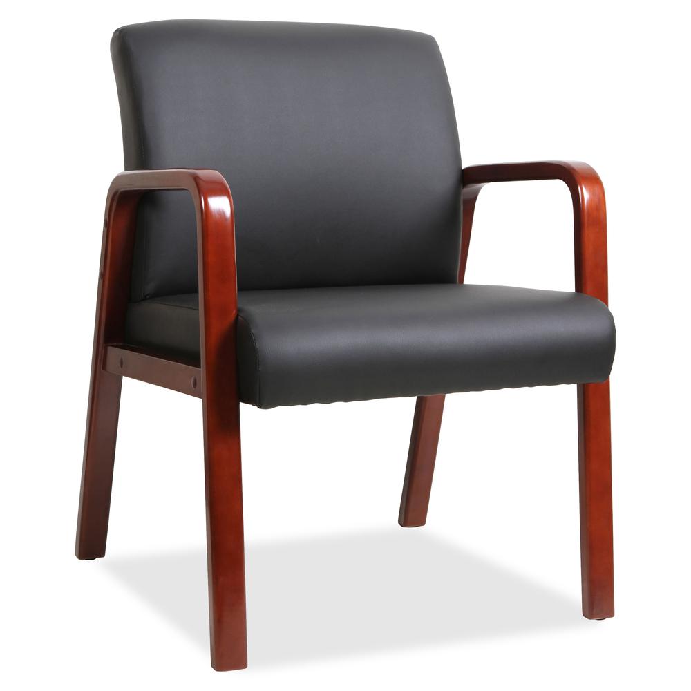 Lorell Upholstered Guest Chair - Black Bonded Leather Seat - Black Bonded Leather Back - Mahogany Solid Wood Frame - Four-legged Base - Armrest - 1 Each. Picture 2