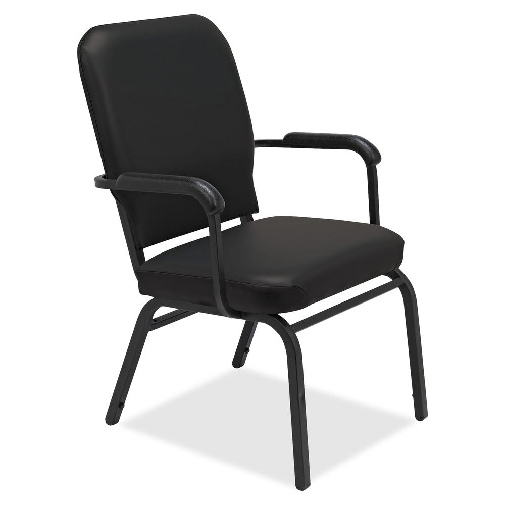 Lorell Oversize Stack Chairs with Arms - Black Vinyl Seat - Black Vinyl Back - Steel Frame - Four-legged Base - 2 / Carton. Picture 2