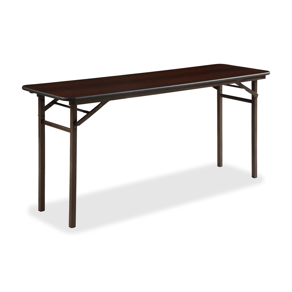 Lorell Economy Folding Banquet Table - Mahogany Rectangle Top - 60" Table Top Width x 18" Table Top Depth x 0.62" Table Top Thickness - 29" Height - Presentation, Food - Melamine Top Material - Steel . Picture 10