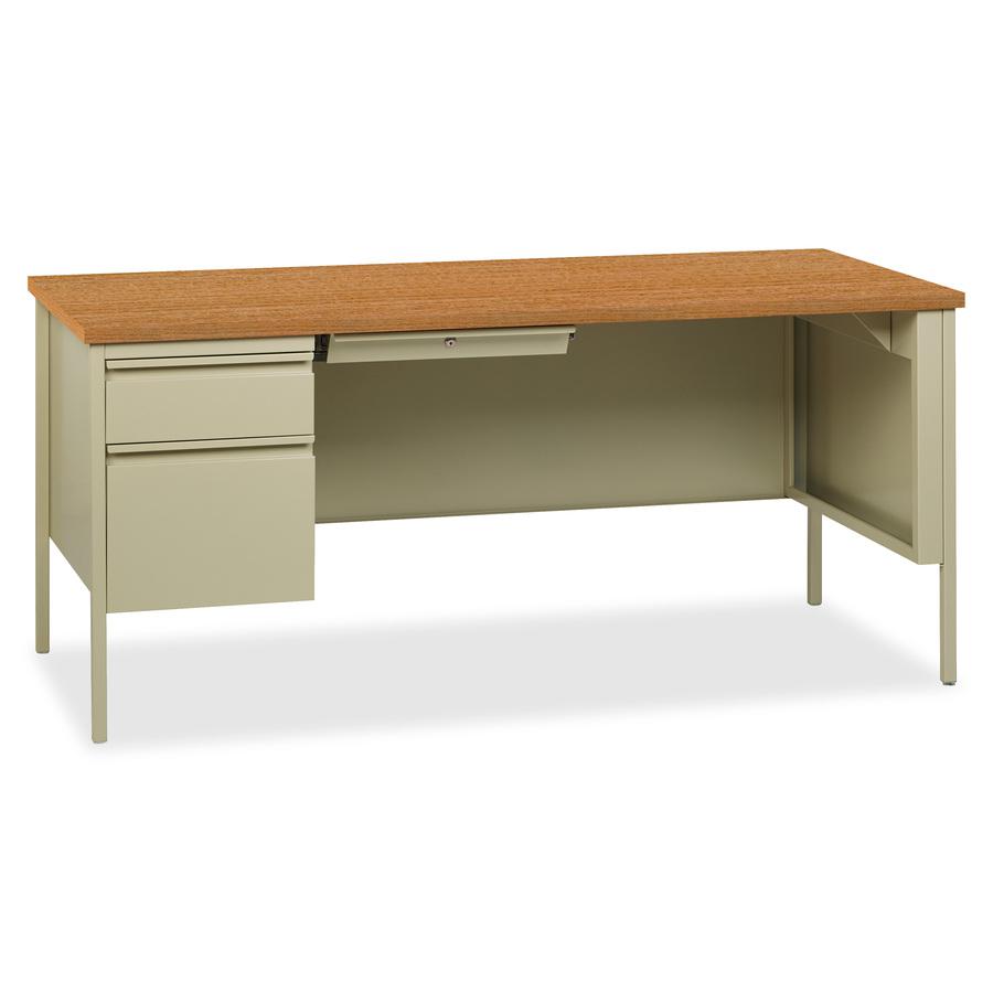 Lorell Fortress Series Left-Pedestal Desk - Rectangle Top - 66" Table Top Width x 30" Table Top Depth x 1.12" Table Top Thickness - 29.50" Height - Office, File - Assembly Required - Oak, Oak Laminate. Picture 13