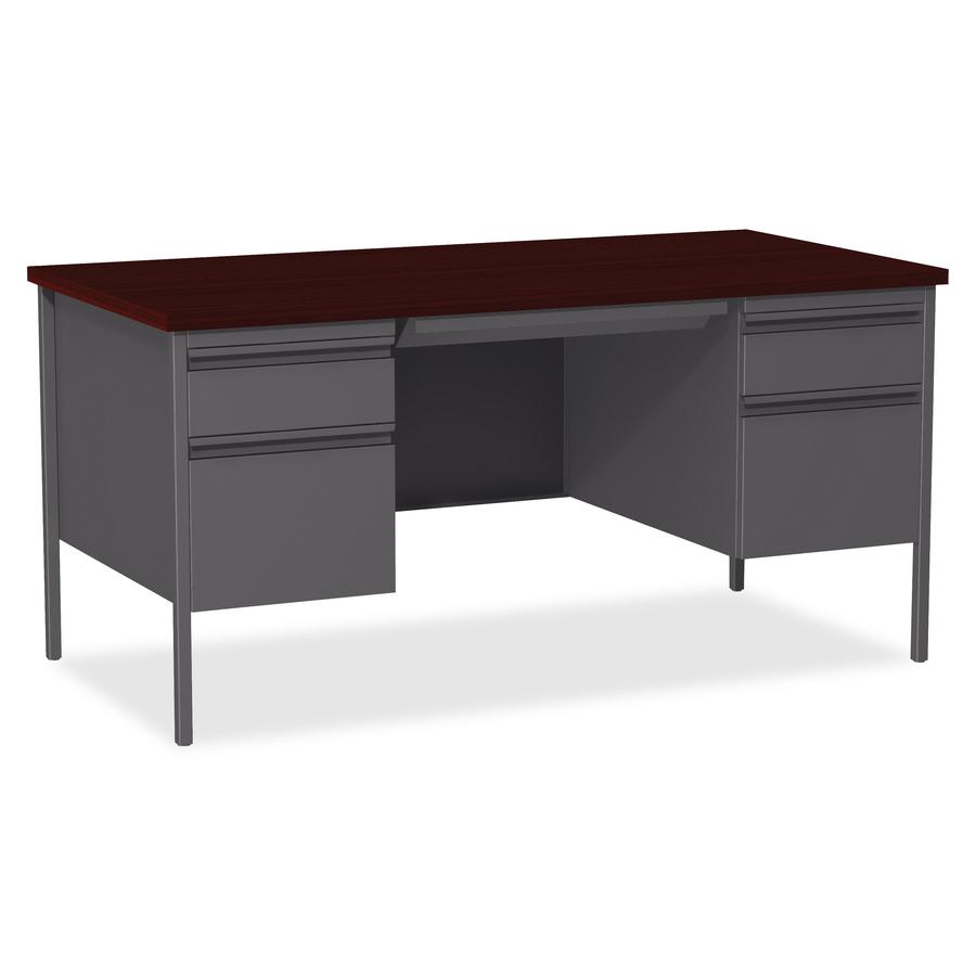 Lorell Fortress Series Double-Pedestal Desk - Rectangle Top - 60" Table Top Width x 30" Table Top Depth x 1.12" Table Top Thickness - 29.50" HeightAssembly Required - Laminated, Mahogany - Steel - 1 E. Picture 9