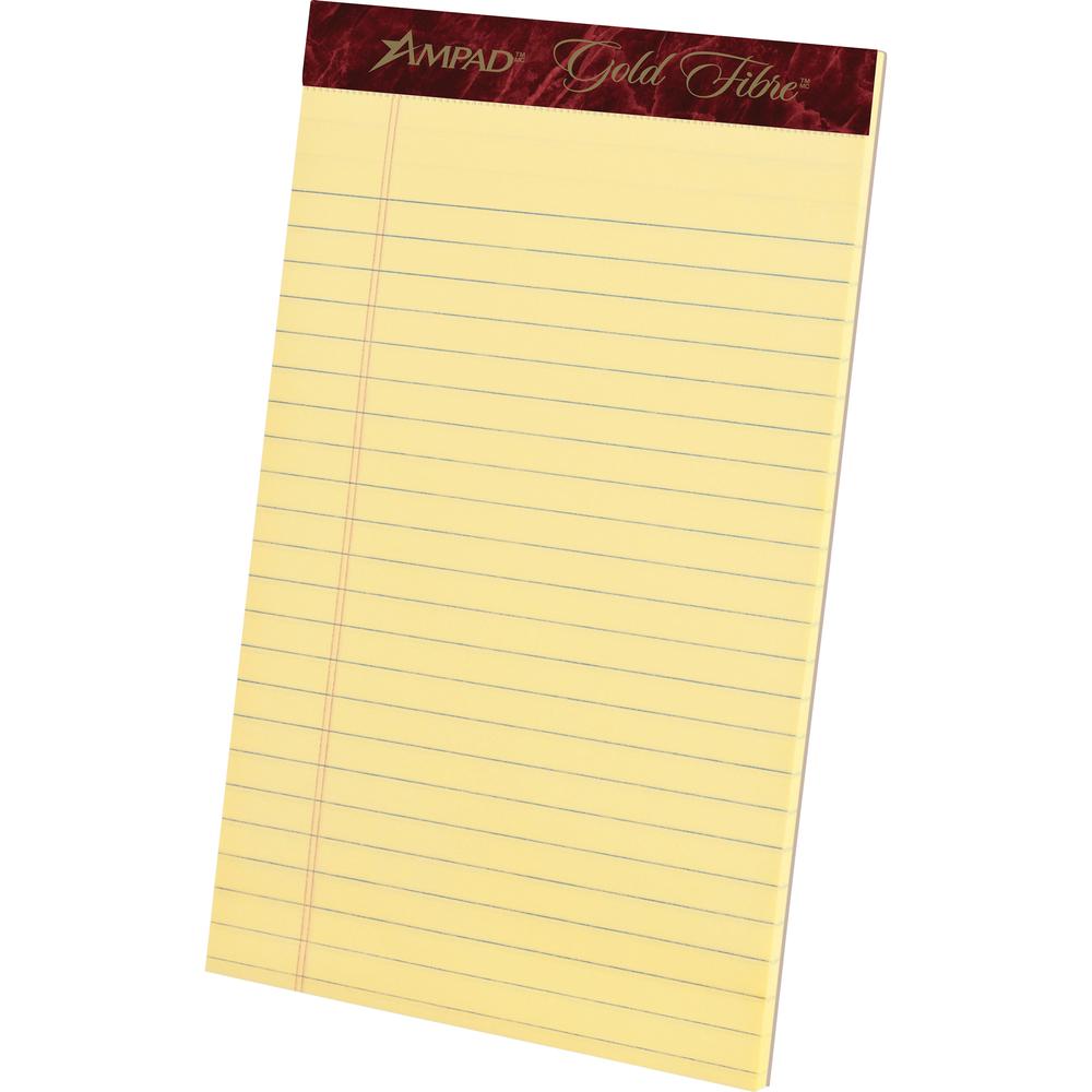 Ampad Gold Fibre Premium Jr. Legal Writing Pads - 50 Sheets - Watermark - Stapled/Glued - 0.28" Ruled - Ruled Margin - 16 lb Basis Weight - 5" x 8" - Canary Paper - Chipboard Backing, Bleed-free, Micr. Picture 2