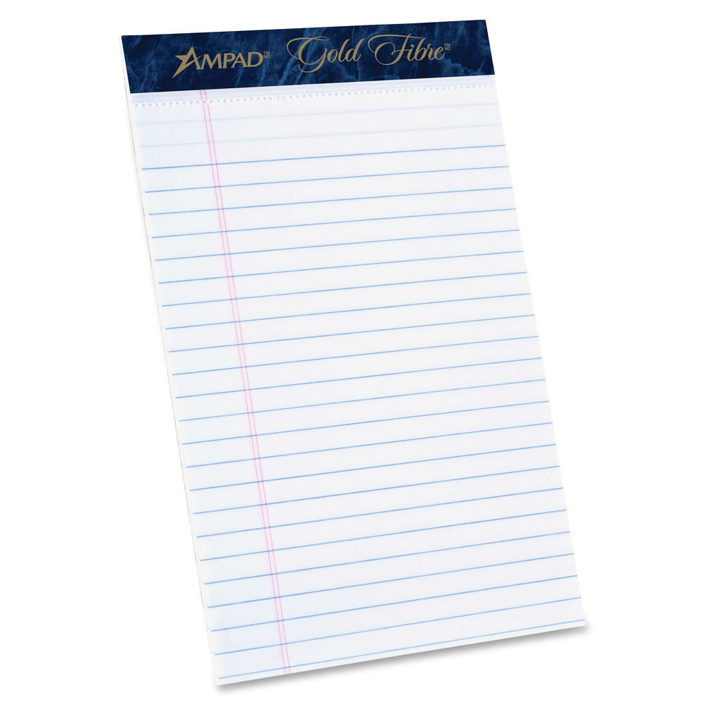 TOPS Ampad Gold Fibre Medium Rule Premium Junior Size Writing Pads - 50 Sheets - Watermark - Stapled/Glued - 16 lb Basis Weight - 5" x 8" - White Paper - Dark Blue Binding - Micro Perforated, Bleed-fr. Picture 2