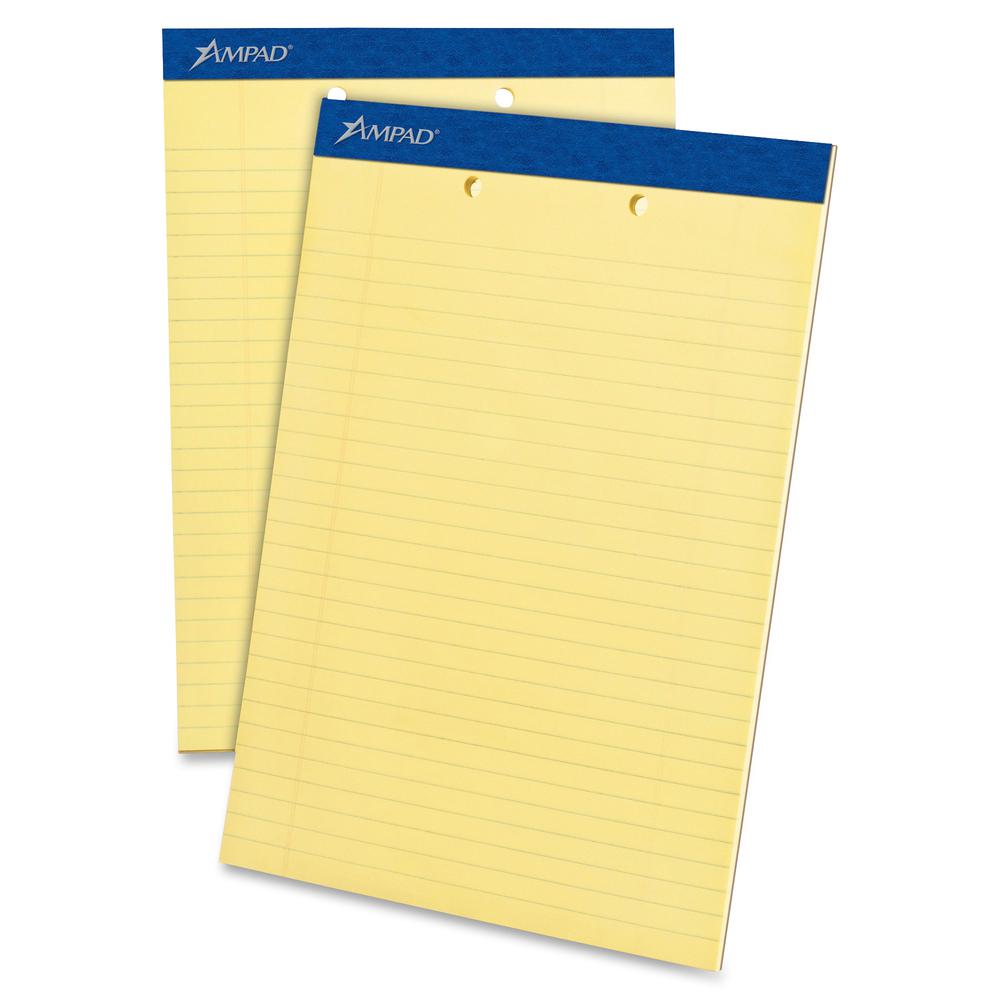 Ampad Writing Pad - 50 Sheets - Stapled - 0.34" Ruled - 15 lb Basis Weight - Letter - 8 1/2" x 11"8.5" x 11.8" - Canary Yellow Paper - Dark Blue Binding - Micro Perforated, Sturdy Back, Chipboard Back. Picture 2