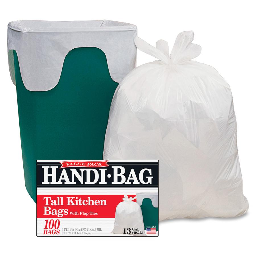 Berry Handi-Bag Flap Tie Tall Kitchen Bags - Small Size - 13 gal Capacity - 23.75" Width x 28" Length - 0.60 mil (15 Micron) Thickness - White - Hexene Resin - 100/Box - Home, Office. Picture 2