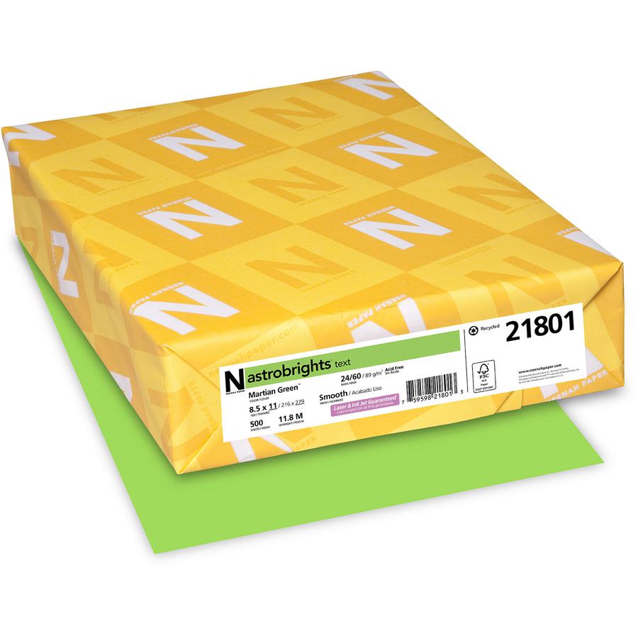 Astrobrights Color Paper - Lime Green - Letter - 8 1/2" x 11" - 24 lb Basis Weight - Smooth - 500 / Ream - Green Seal - Heavyweight, Acid-free, Lignin-free, Fade Resistant - Martian Green (Lime Green). Picture 4