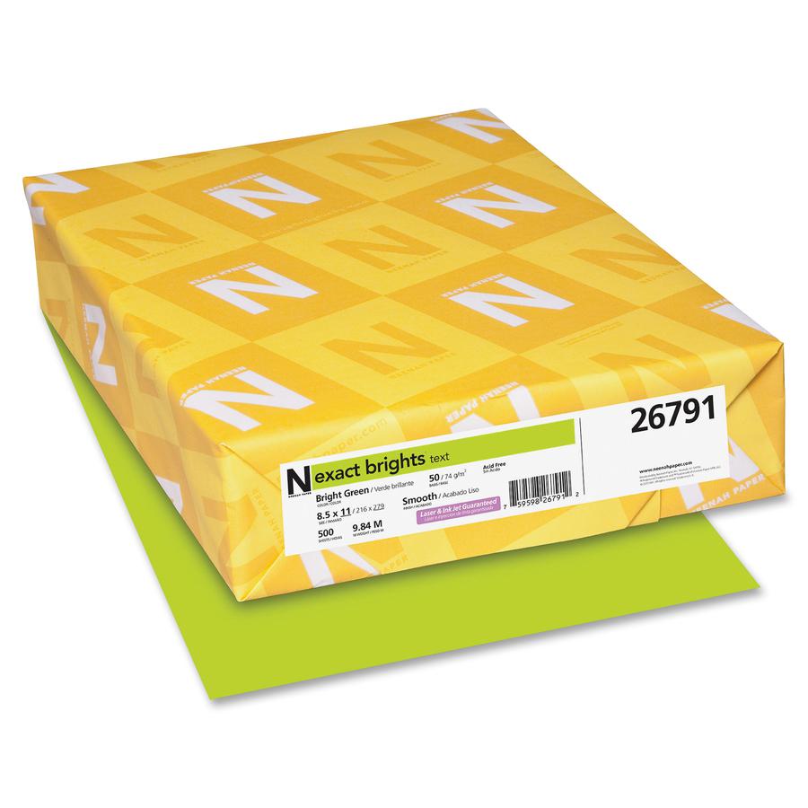 Exact Brights&reg; Smooth Colored Paper - Green - Letter - 8 1/2" x 11" - 50 lb Basis Weight - Smooth - 500 / Pack - Printable, Lignin-free, Acid-free, Elemental Chlorine-free - Bright Green. Picture 2
