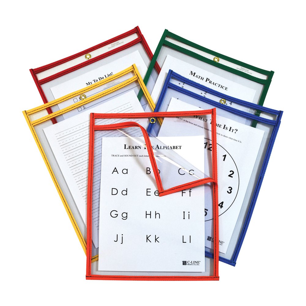 C-Line Super Heavyweight Plus Reusable Dry Erase Pockets - Red, Orange, Yellow, Green, Blue Frame - Rectangle - Reusable, Heavyweight, Sturdy, Easy to Clean, Eyelet - 25 / Box. Picture 2